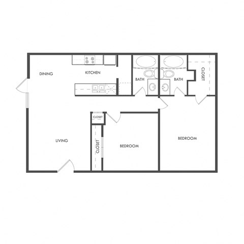Floor plan for 2 beds, 2 baths, 934 sqft
